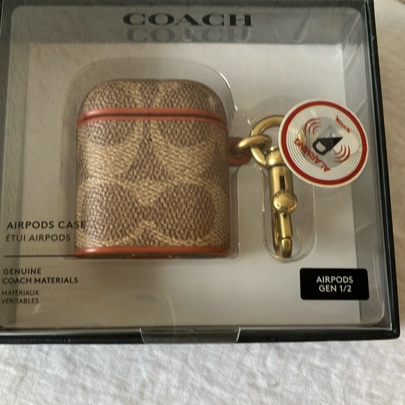 Coach: Brown Signature C AirPods Case- Gen 1/2- Gold Tone - Picture 1 of 16